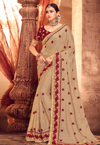 Beige satin party wear saree  1909